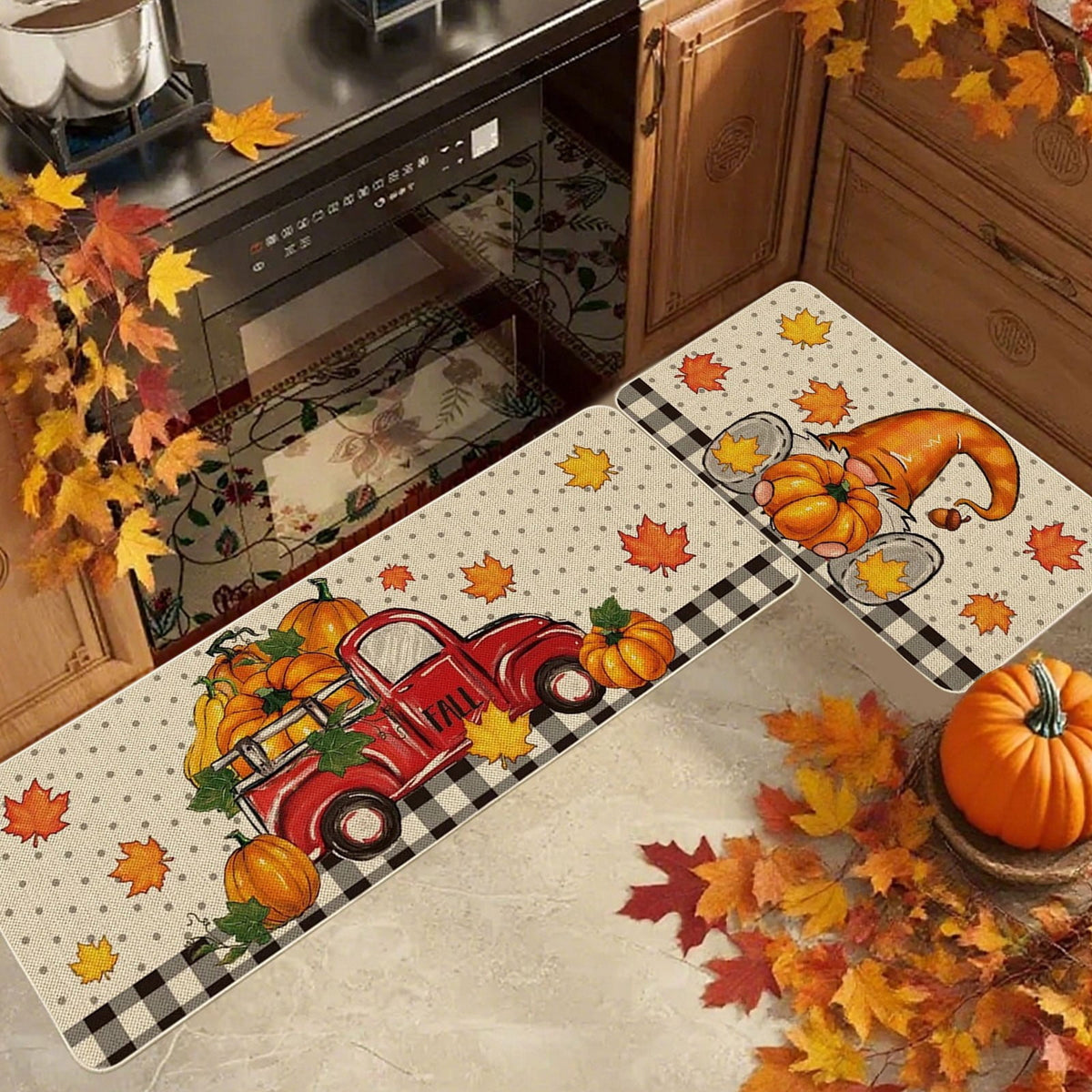 HOARBOEG Fall Pumpkin Maple Leaf Floor Mat 2-Piece Set - Non-Slip Halloween Thanksgiving Decorative Rug for Bathroom, Kitchen, Porch, Entrance, Polyester Foot Mats, Easy Clean Indoor/Outdoor