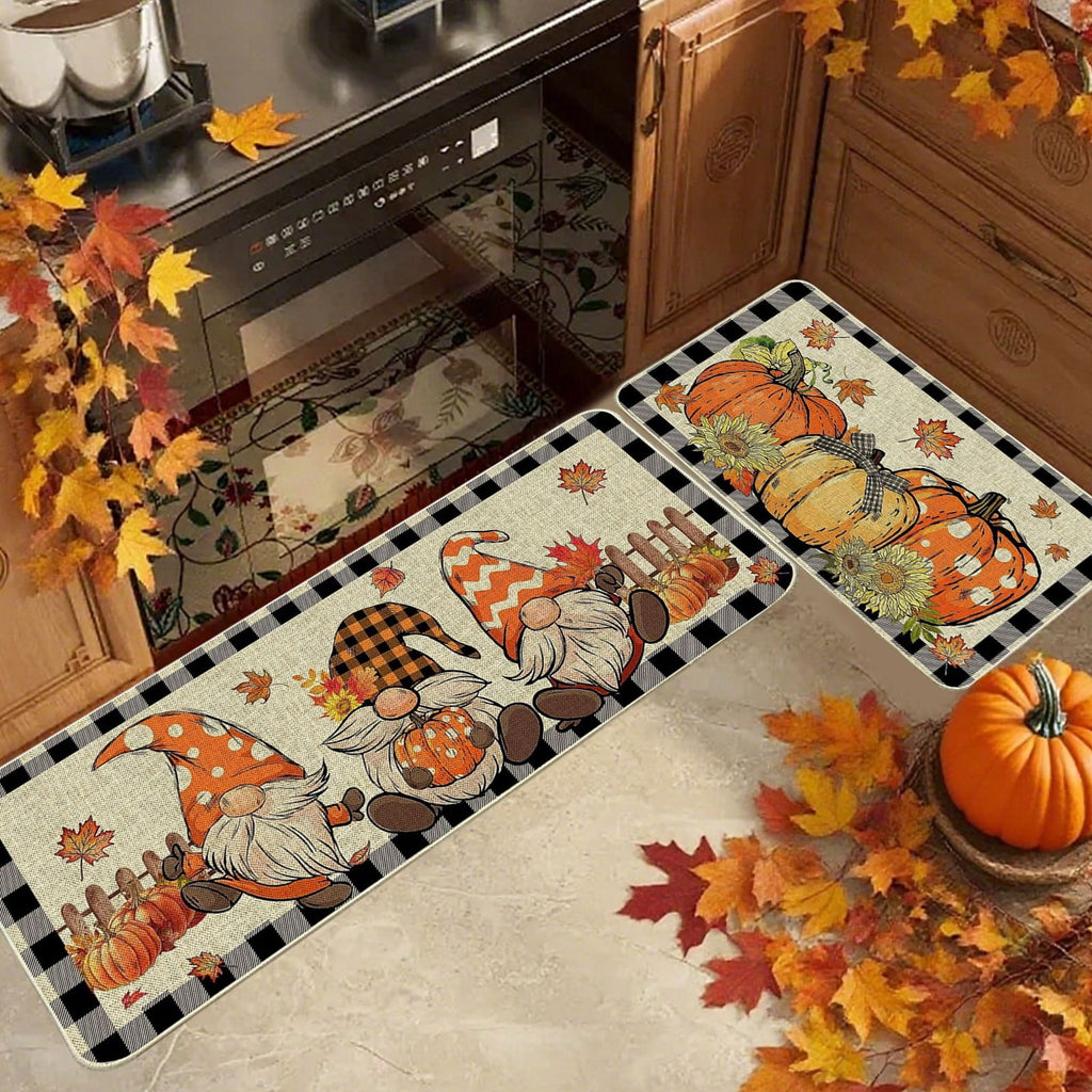 HOARBOEG Fall Pumpkin Maple Leaf Floor Mat 2-Piece Set - Non-Slip Halloween Thanksgiving Decorative Rug for Bathroom, Kitchen, Porch, Entrance, Polyester Foot Mats, Easy Clean Indoor/Outdoor