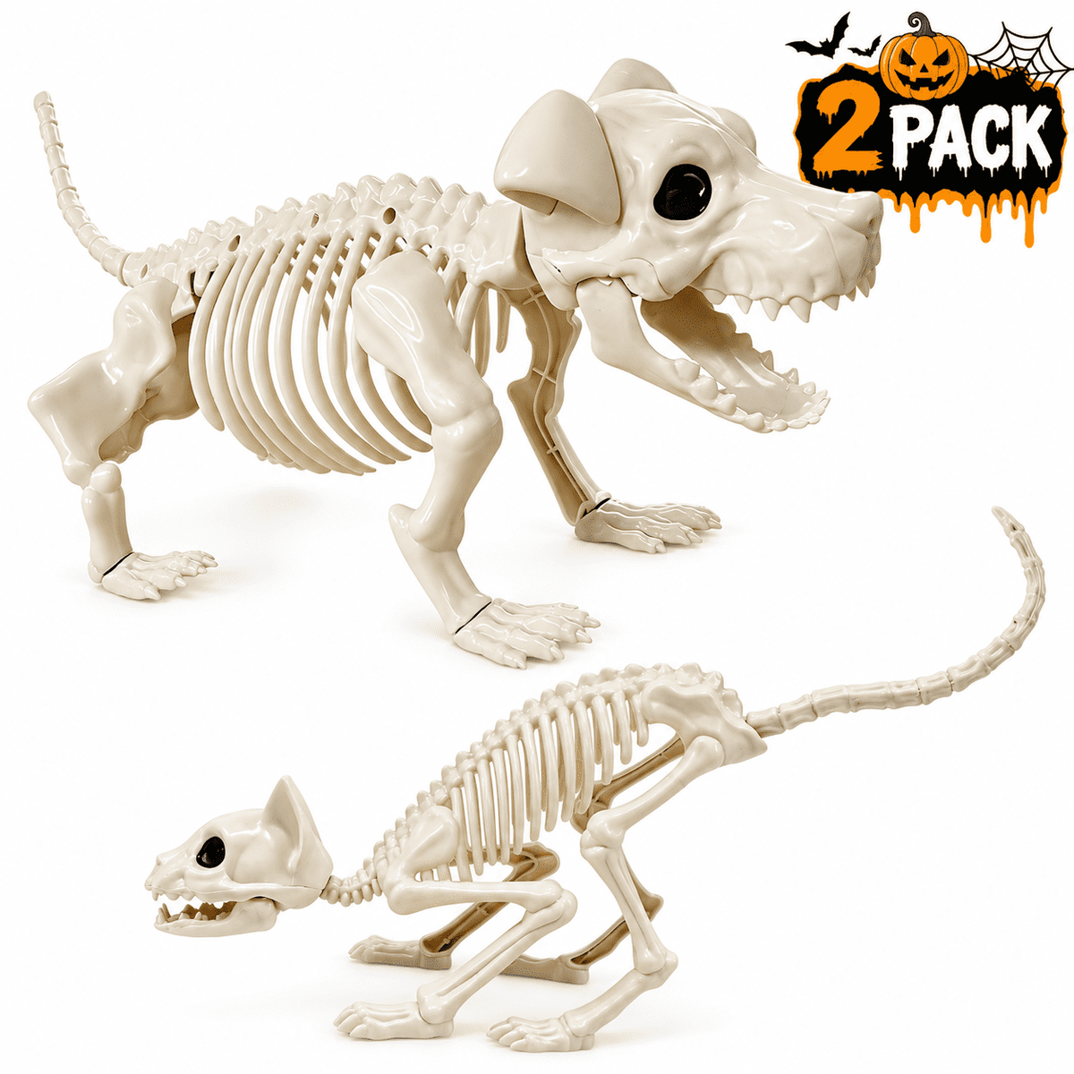 Halloween Animal Skeletons Cats Dog Skeletons Pose-N-Stay Plastic for Yard Garden Lawn Halloween Party Favors Decoration 2-Pack