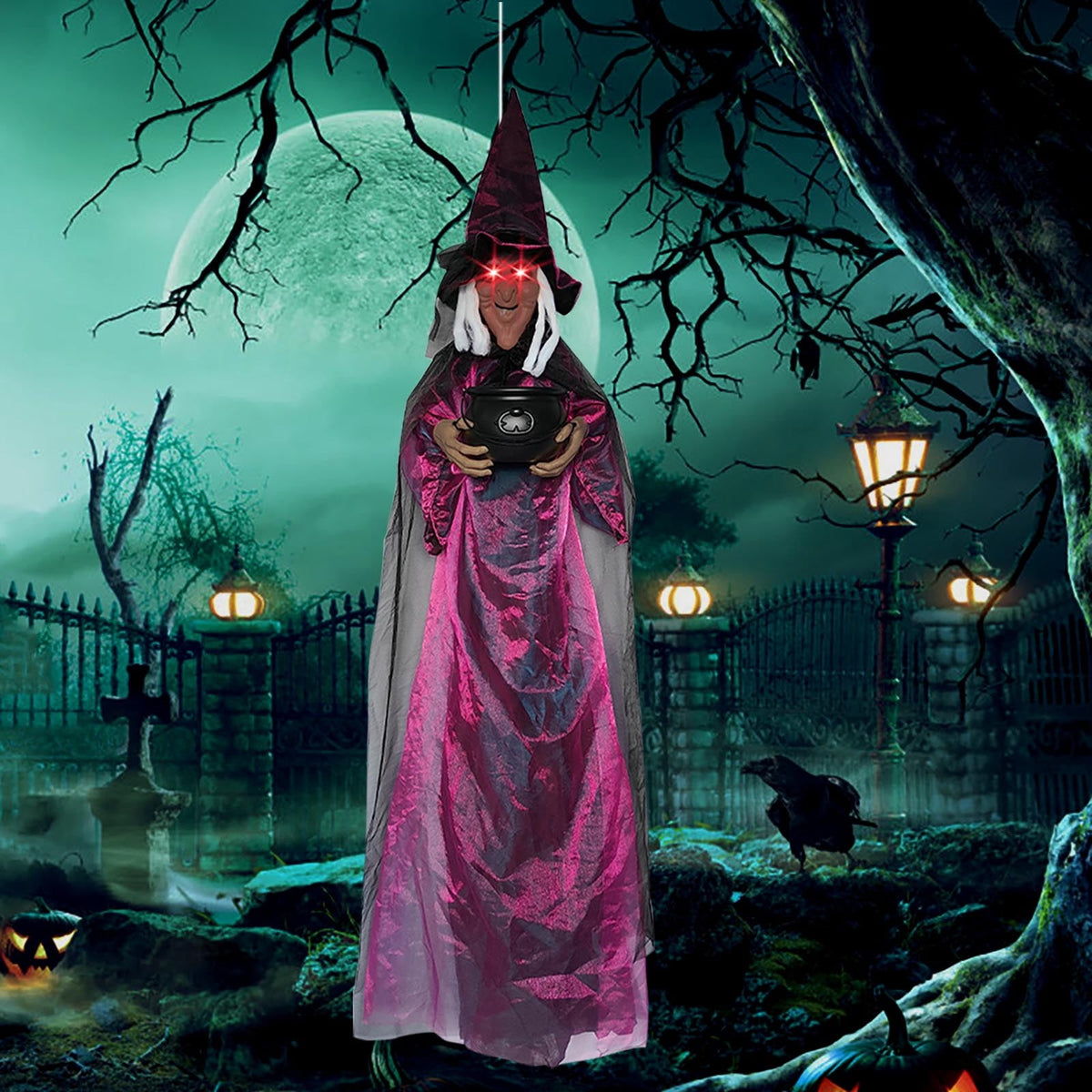 Halloween Animatronics Witch Clearance, Voice Activated Purple Escape Haunt Halloween House Décor & Fright Fest Prop, Life Size Animated Halloween Decoration Outdoor