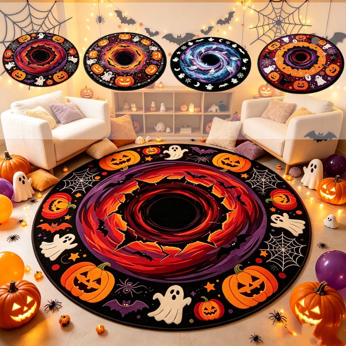Halloween Round Rug Optical Ghost Pumpkin Mat 15.75in Diameter Polyester Skidproof & Soft for Entryway Bedroom Party by MPOISVA