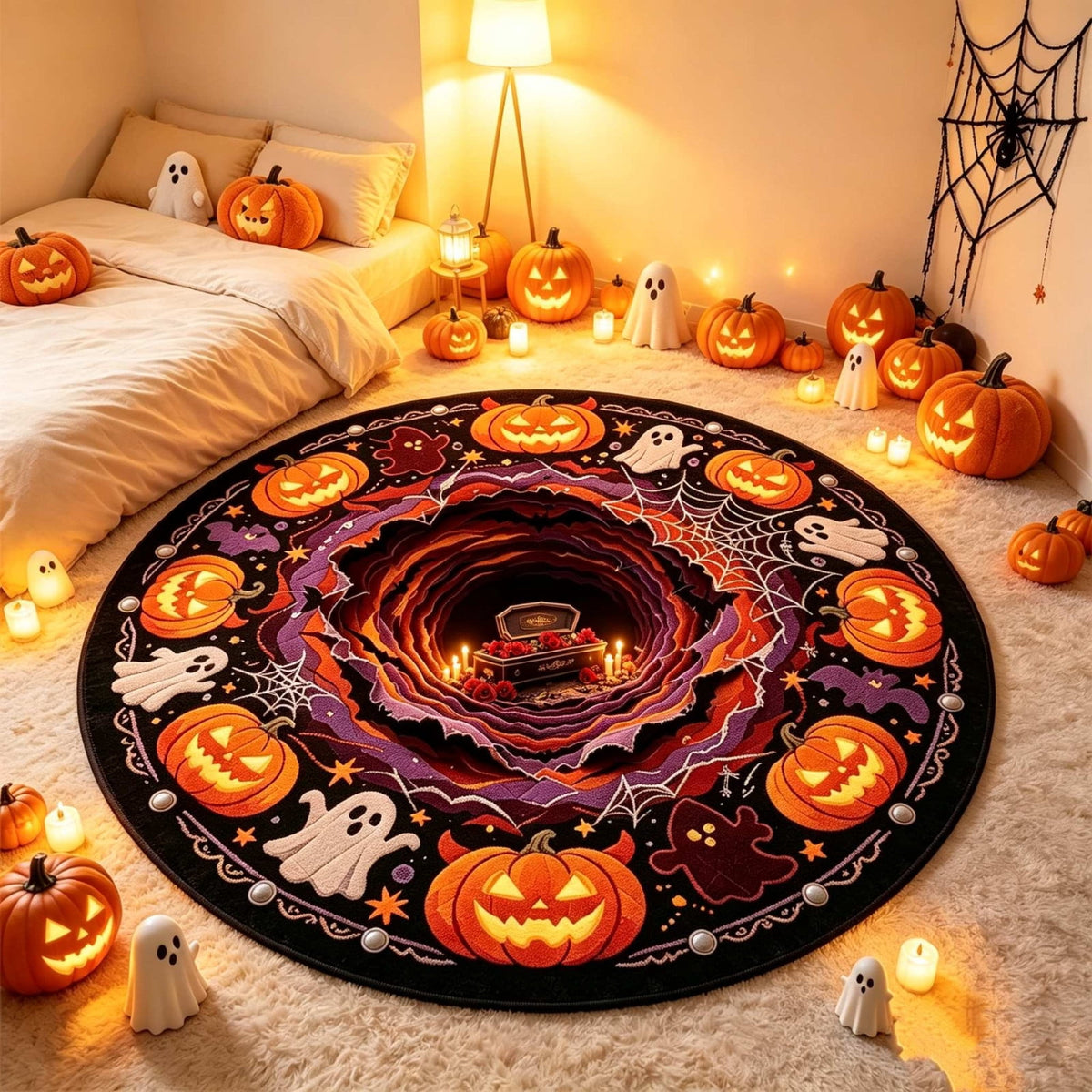 Halloween Round Rug Optical Ghost Pumpkin Mat 15.75in Diameter Polyester Skidproof & Soft for Entryway Bedroom Party by MPOISVA