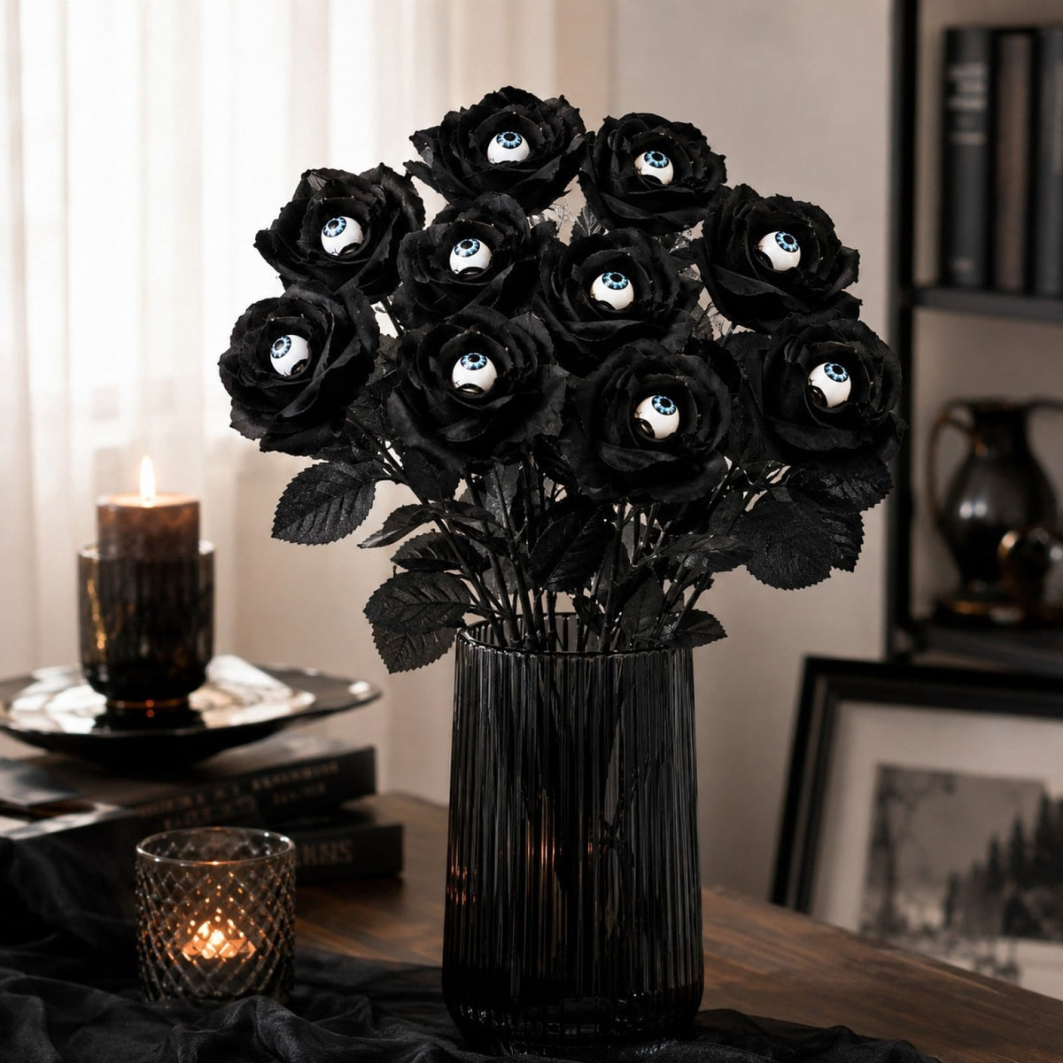Halloween Artificial Rose Flower with Skull Head, Fake Silk Rose Bouquet, Red or Black Roses with Mini Skull