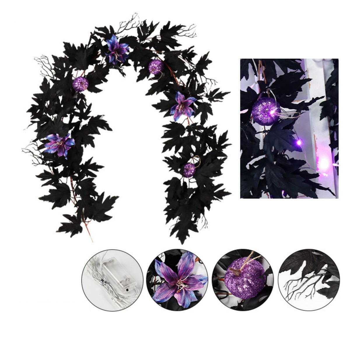 Halloween Artificial Maple Leaf Pumpkin Vine with LED Lights 67-71 Inch Lighted Fall Foliage Garland for Home Halloween Holiday Party Decor