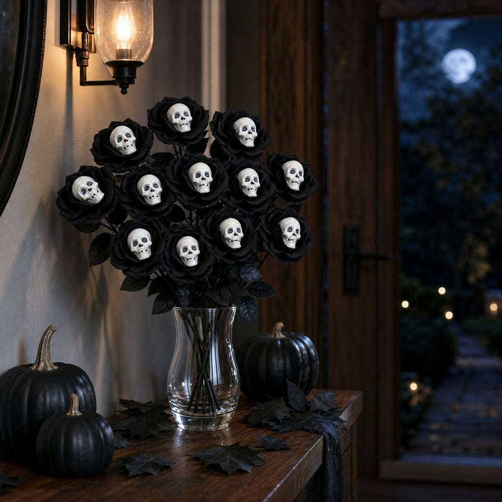 Halloween Artificial Rose Flower with Skull Head, Fake Silk Rose Bouquet, Red or Black Roses with Mini Skull