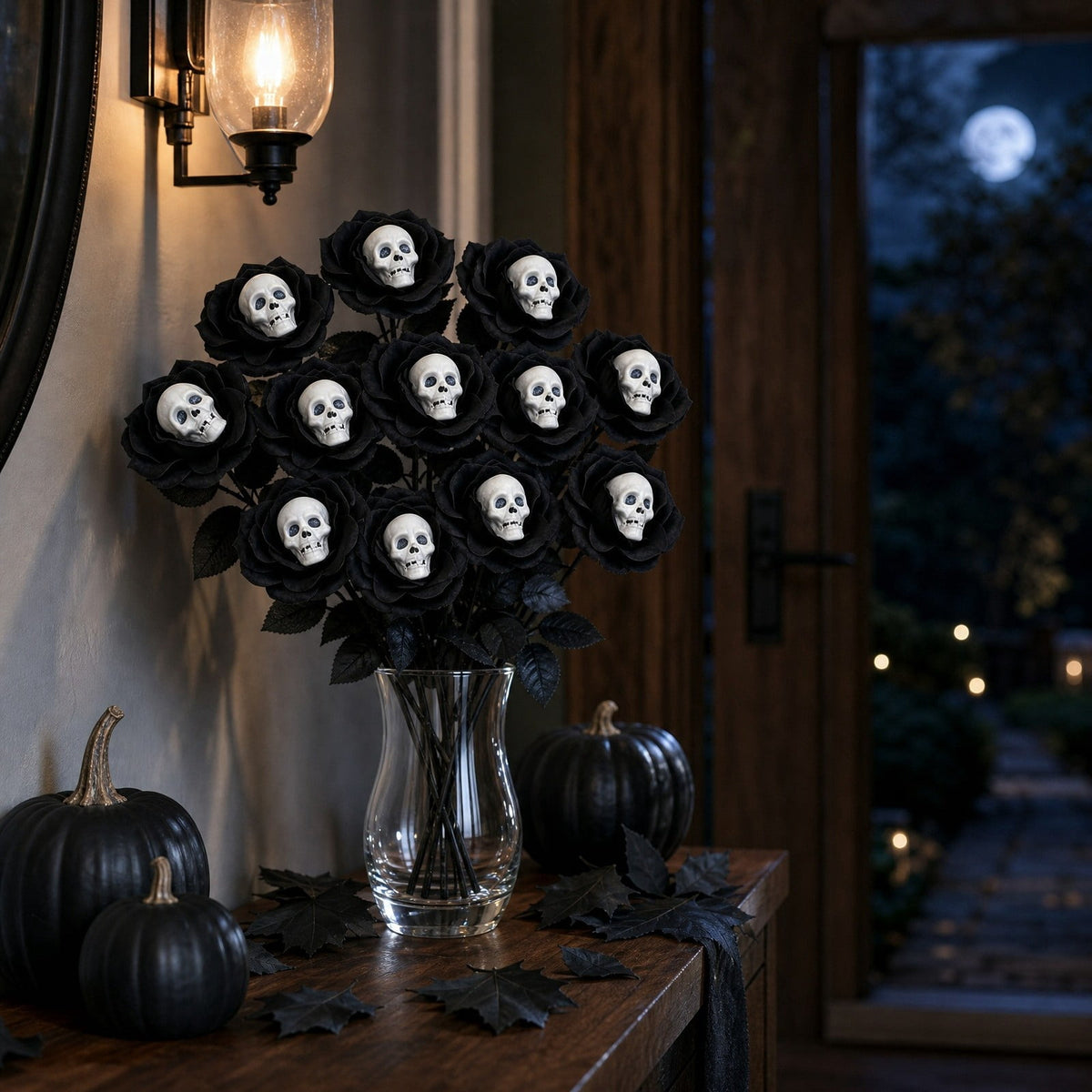 Halloween Artificial Rose Flower with Skull Head, Fake Silk Rose Bouquet, Red or Black Roses with Mini Skull
