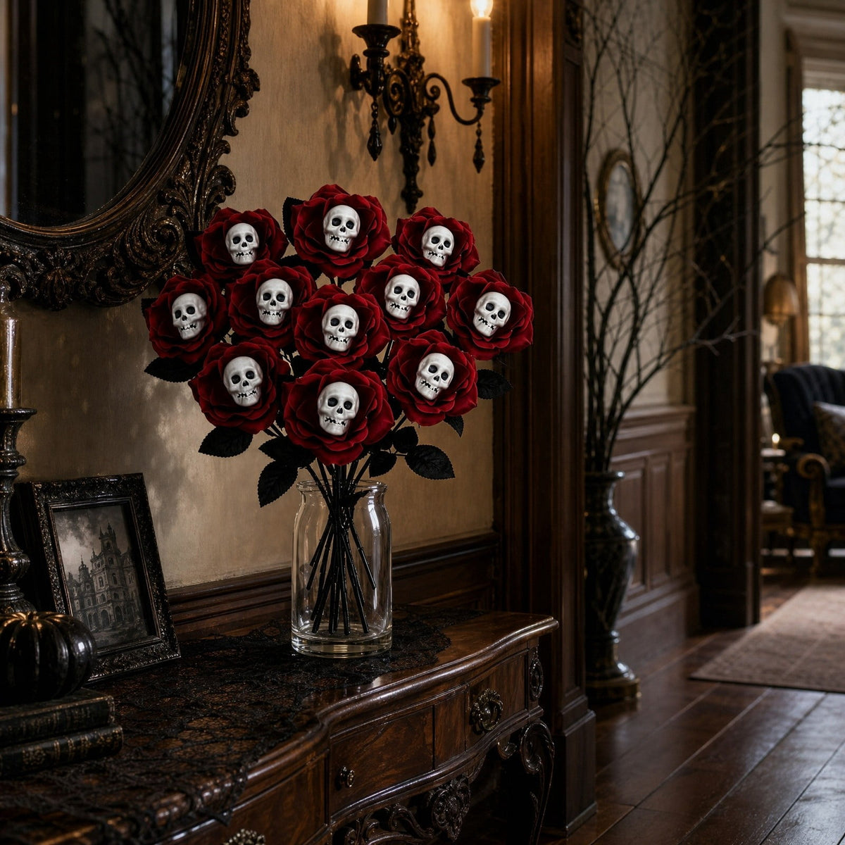 Halloween Artificial Rose Flower with Skull Head, Fake Silk Rose Bouquet, Red or Black Roses with Mini Skull