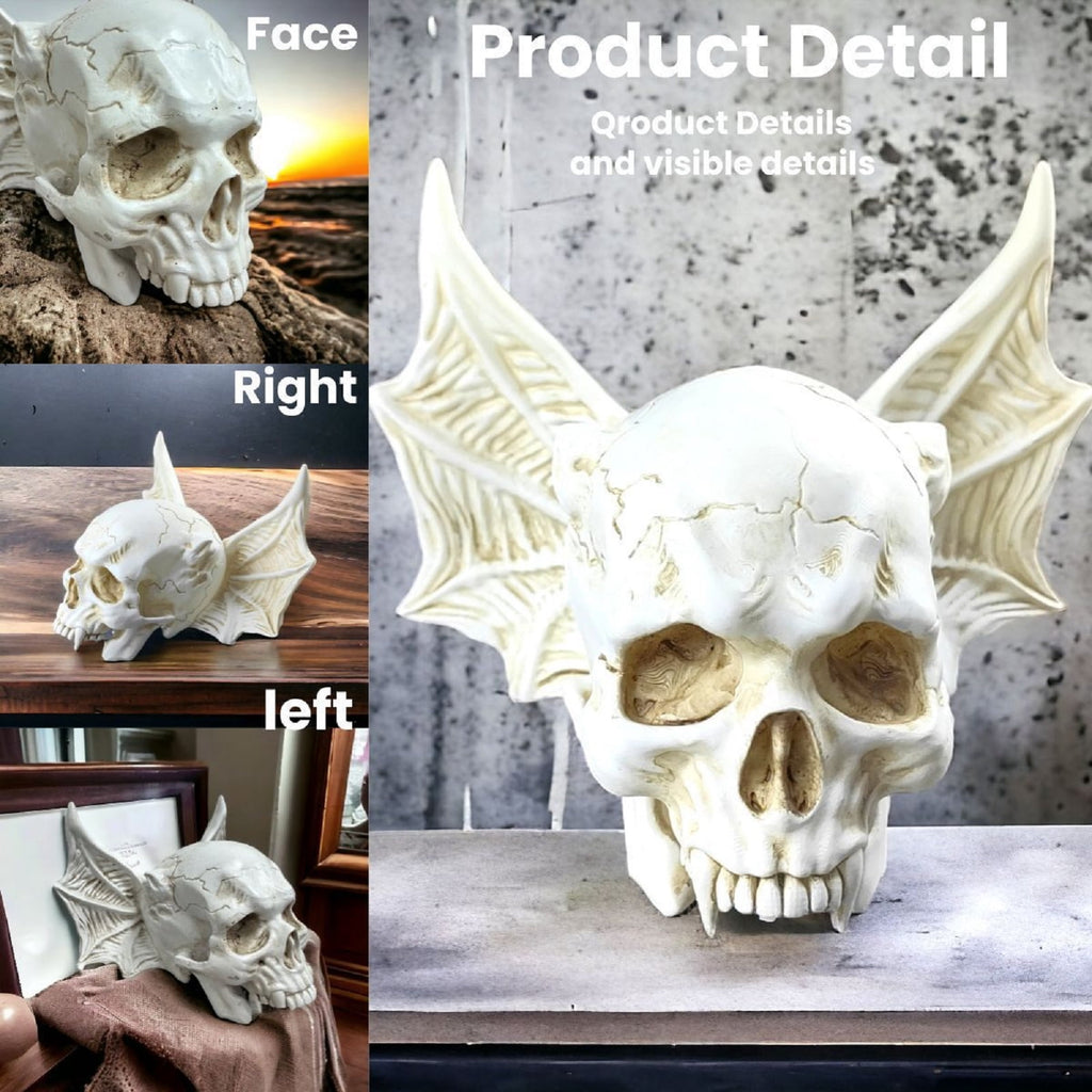 Halloween Bat-Eared Vampire Skull Decor, Gothic Resin Skeleton Figurine for Spooky Home/Party