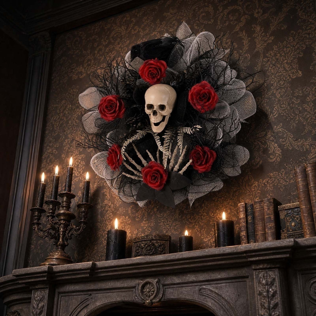 Halloween Artificial Rose Flower with Skull Head, Fake Silk Rose Bouquet, Red or Black Roses with Mini Skull