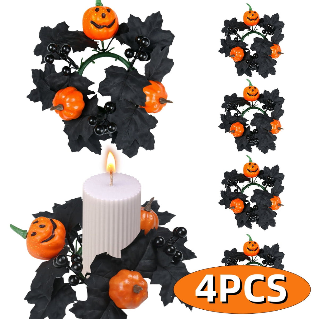 Halloween Candle Ring Wreath Halloween Table Centerpiece Black Orange Spooky Table Top Decoration Small Taper/Pillar Candle Rings Center for Party Favors 4 Pcs Design1