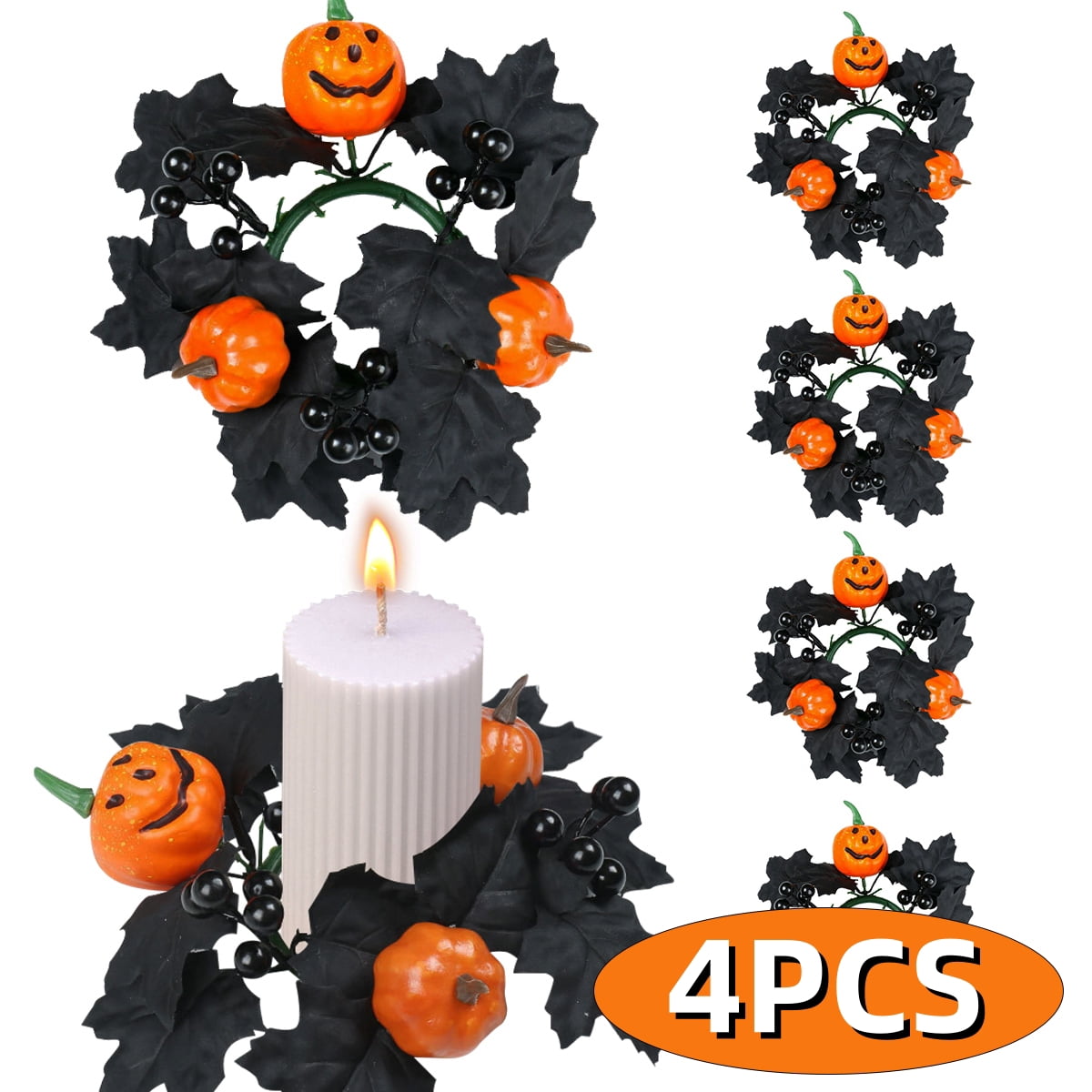 Halloween Candle Ring Wreath Halloween Table Centerpiece Black Orange Spooky Table Top Decoration Small Taper/Pillar Candle Rings Center for Party Favors 4 Pcs Design1