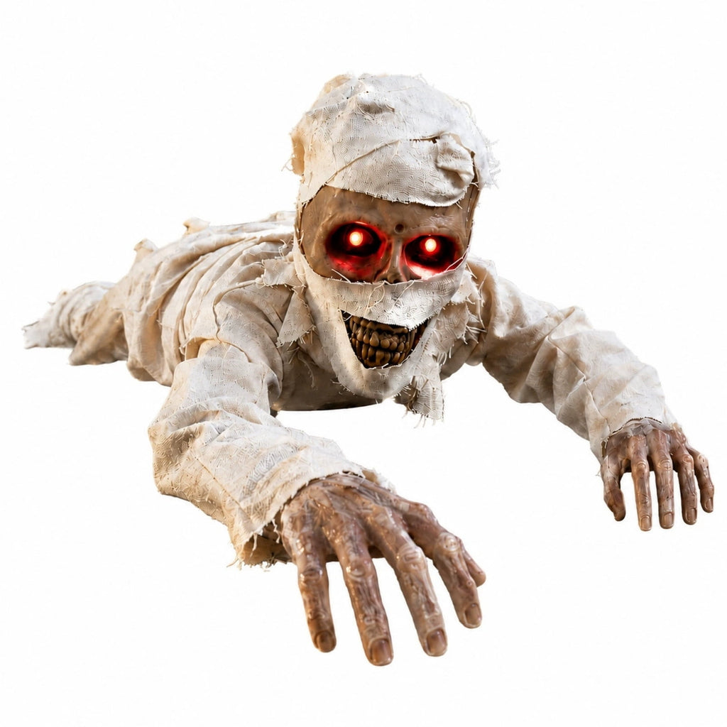 Halloween Crawling Mummy Prop, Voice Activated Animated Mummy Decoration with Red Glowing Eyes and Scary Sounds for Haunted House Yard Party Decor