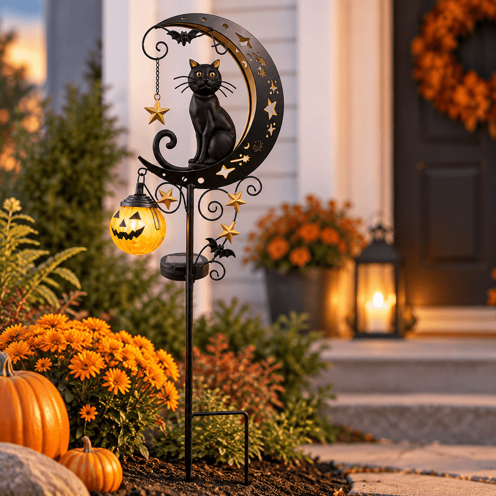 Halloween Crescent Moon Pumpkin Solar Stake Light, Star Hollow Cutout Ground Lamp, Anti Rust Halloween Decorations Party for Yard Walkway black