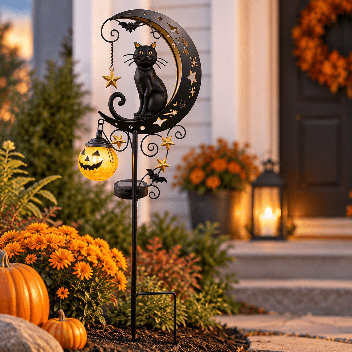 Halloween Crescent Moon Pumpkin Solar Stake Light, Star Hollow Cutout Ground Lamp, Anti Rust Halloween Decorations Party for Yard Walkway black