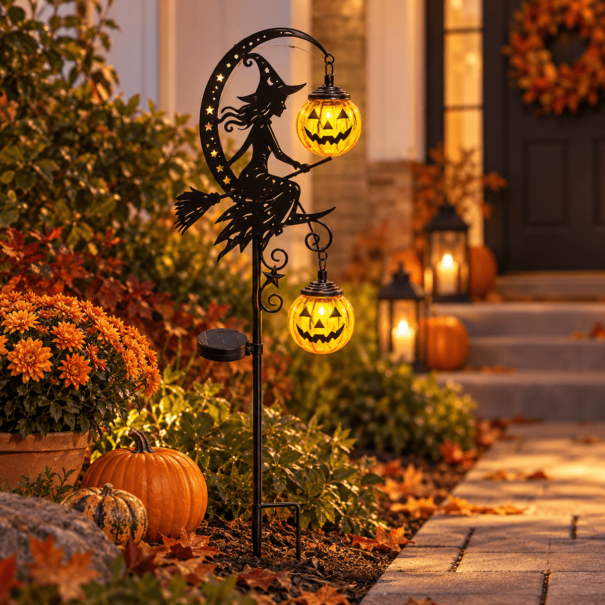 Halloween Crescent Moon Pumpkin Solar Stake Light, Star Hollow Cutout Ground Lamp, Anti Rust Halloween Decorations Party for Yard Walkway black