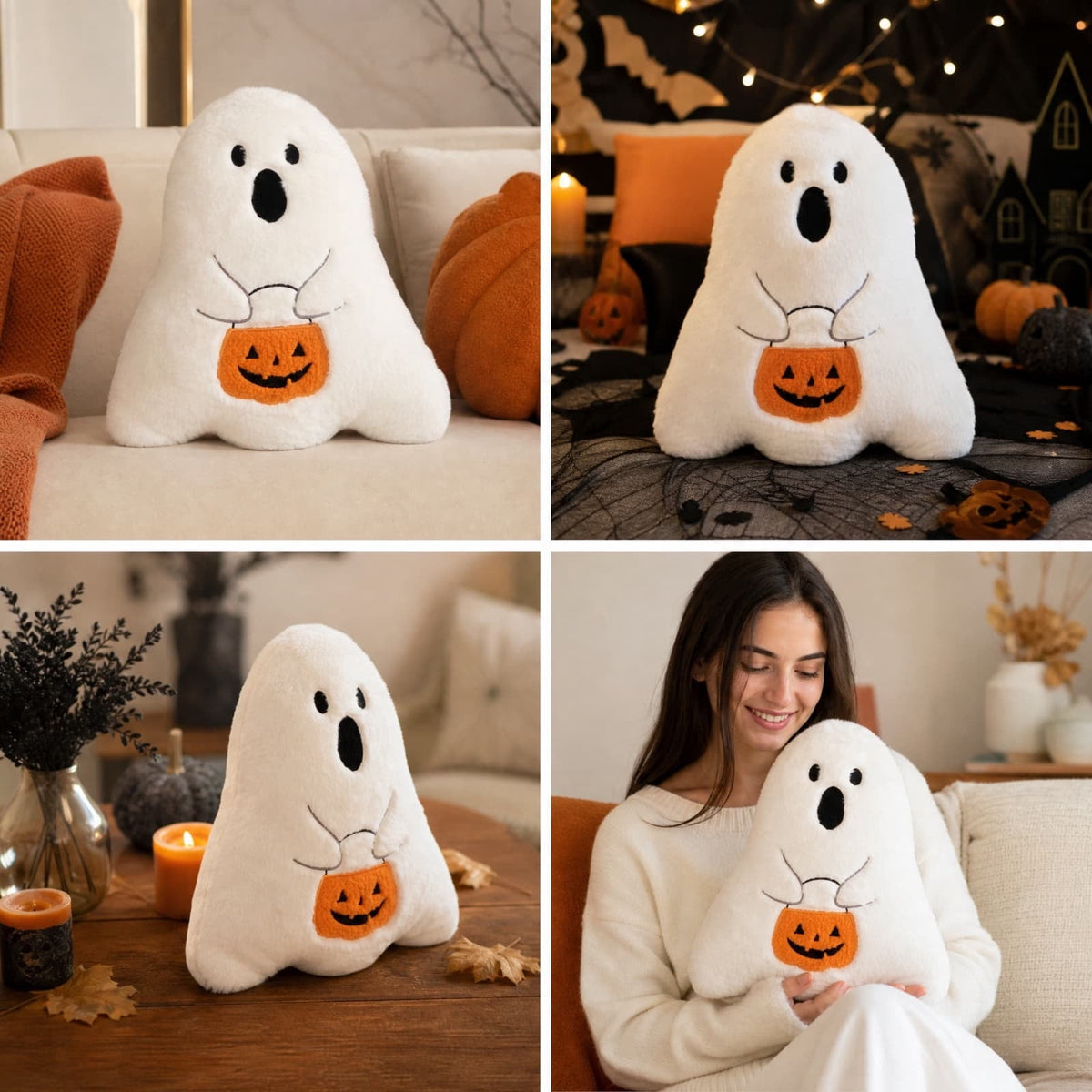 Cute Reading Ghost Plush Throw Pillow, Halloween Book & Pumpkin Bucket Ghost Stuffed Cushion, Spooky Season Decorative Pillow, for Sofa, Bedroom, Party Decor