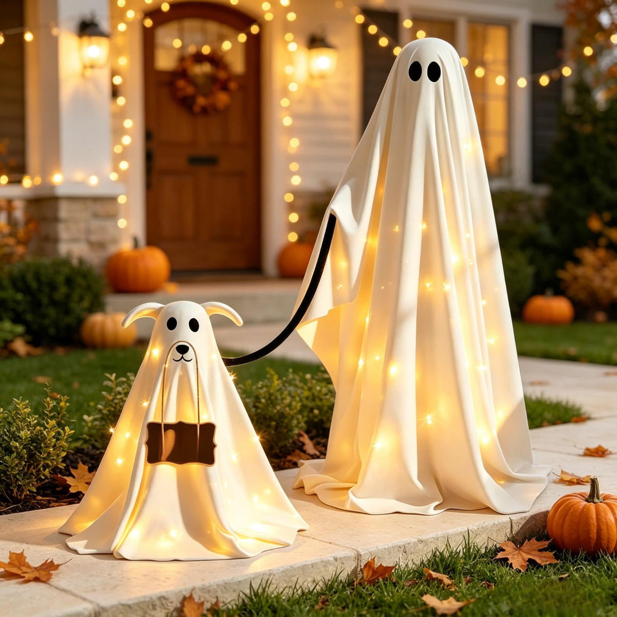 Lighted Halloween Ghost Candy Bowl, Cute LED Ghost Holding Pumpkin Candy Bucket for Trick or Treat, Outdoor Halloween Decorations for Front Porch, Indoor Yard Patio Halloween Decor