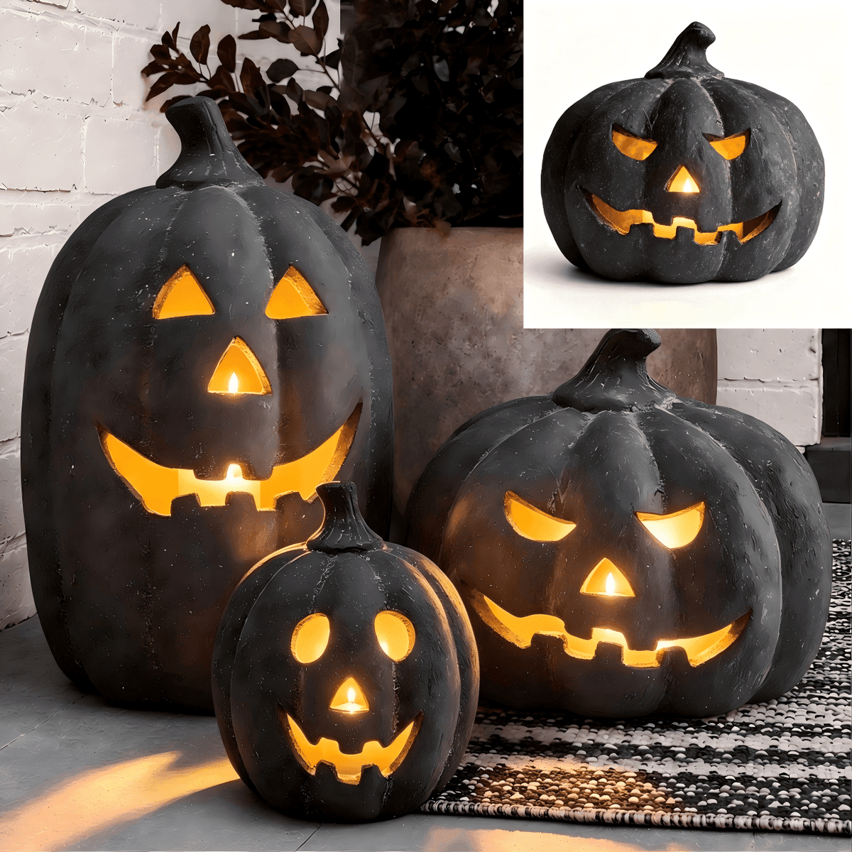 Halloween Decorations - 5.9" Black Handmade Resin Jack O Lantern Pumpkin Fall Decor, Indoor Outside Gothic Festival House Centerpiece Decoration for Table Garden Living Room Mantel