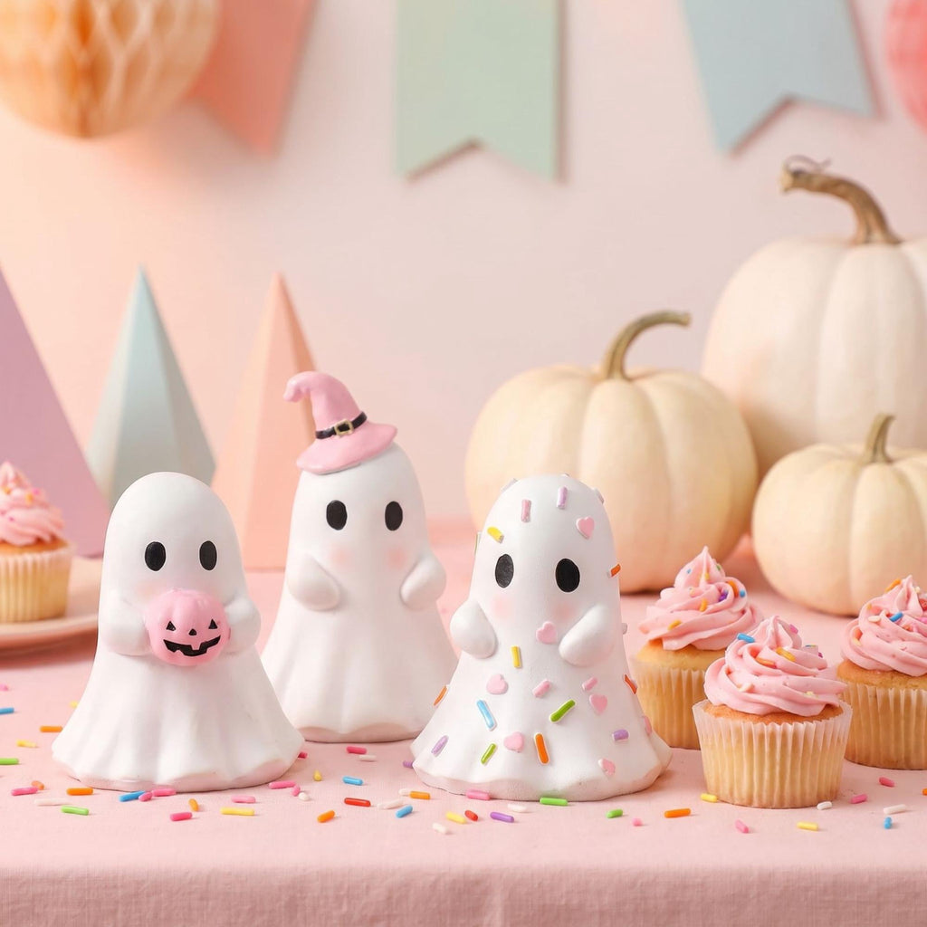 Pink Halloween Decor Ghost Candy Bowl Figurine with Bow and Scalloped Holder for Indoor Tabletop Decor and Party Favor Display