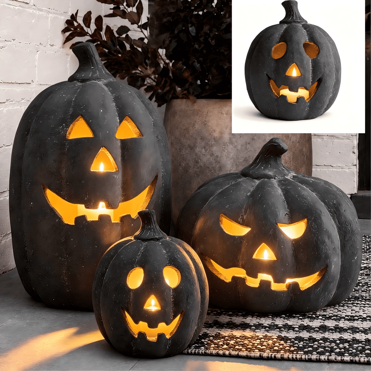 Halloween Decorations Outdoor - Fall Decor - 9.8"H Black Handmade Resin Jack O Lantern Pumpkin - Indoor Outside Gothic Festival House Centerpiece Decoration for Table Garden Living Room Mante