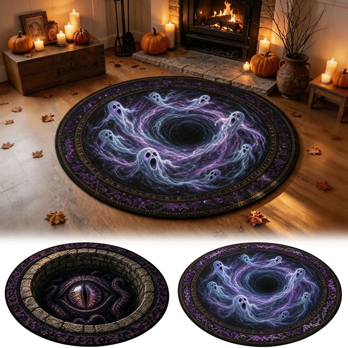 Halloween Round Rug Optical Ghost Pumpkin Mat 15.75in Diameter Polyester Skidproof & Soft for Entryway Bedroom Party by MPOISVA