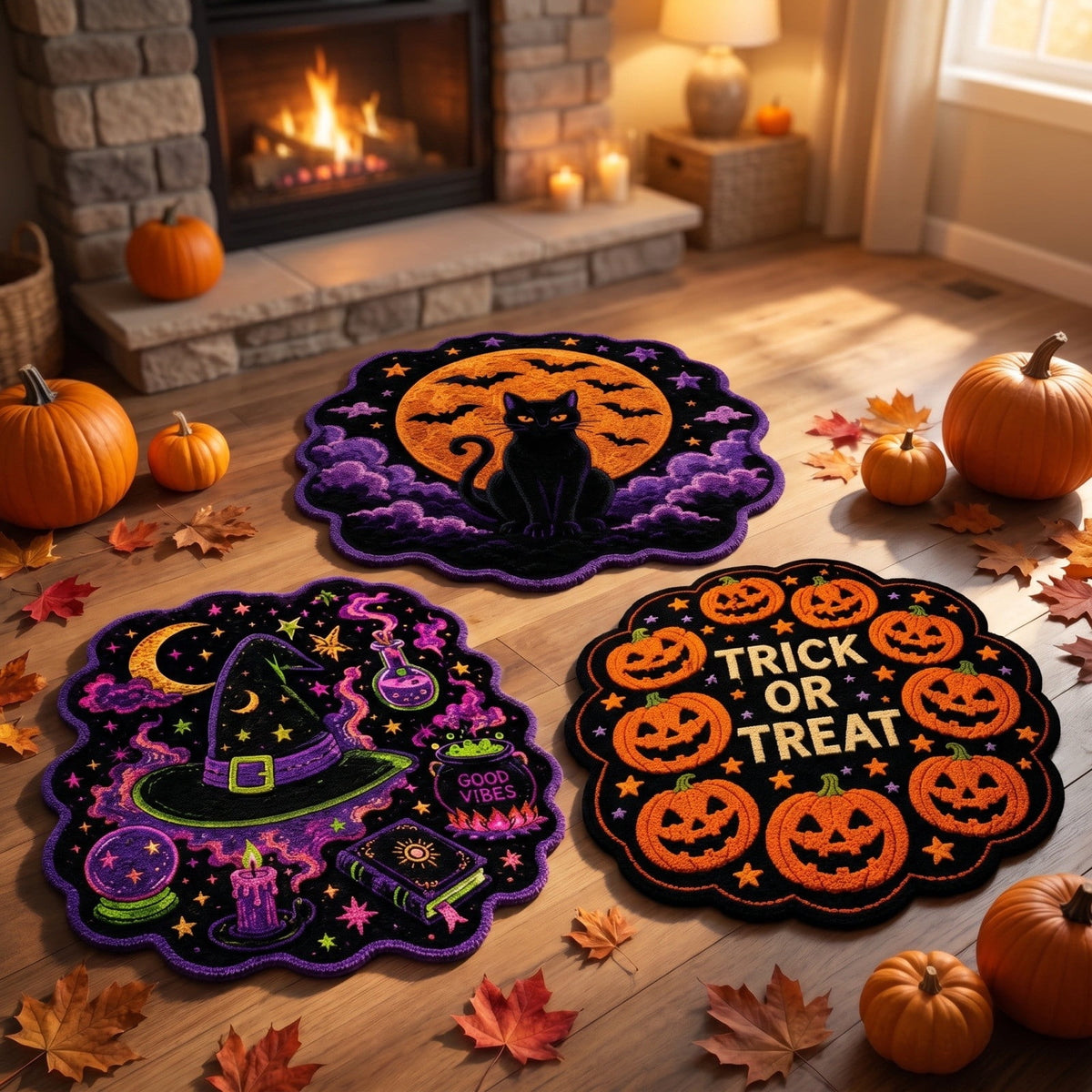 Halloween Round Rug Optical Ghost Pumpkin Mat 15.75in Diameter Polyester Skidproof & Soft for Entryway Bedroom Party by MPOISVA