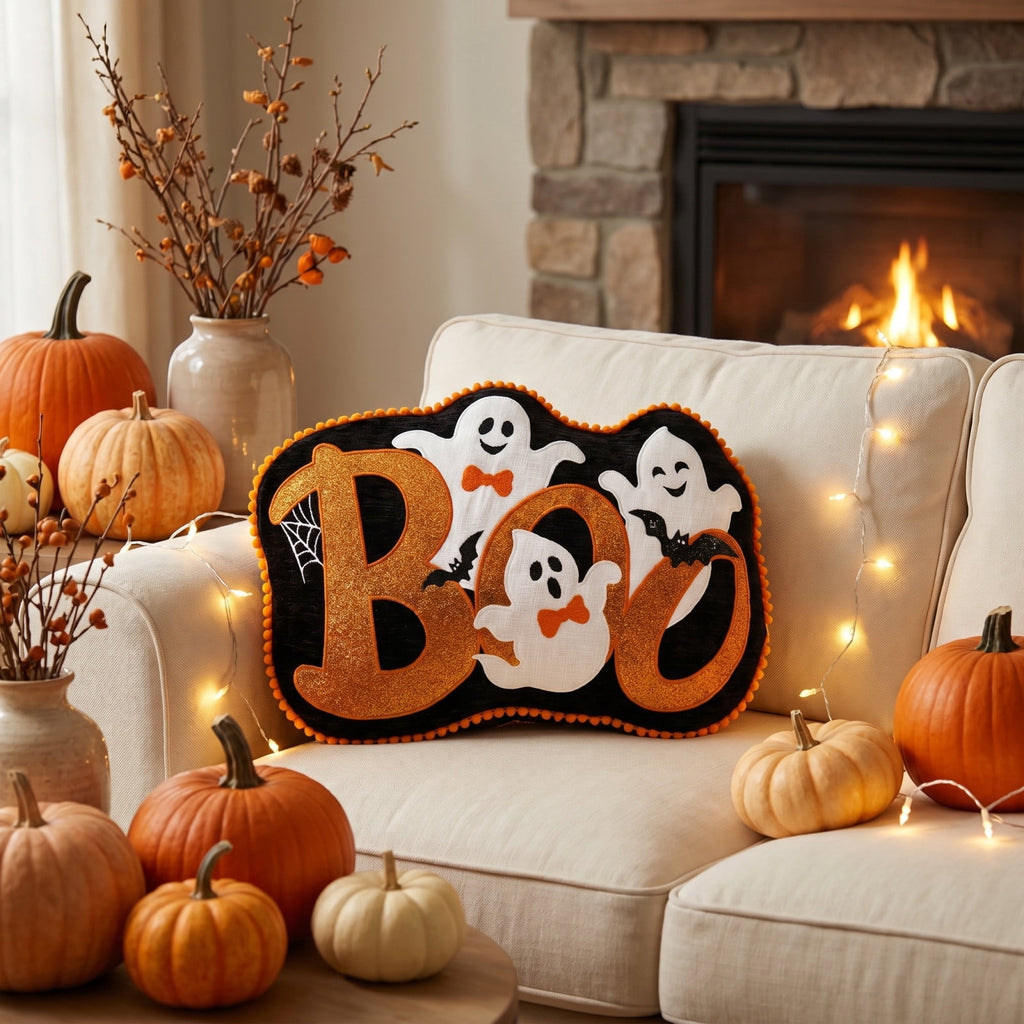 Cute Reading Ghost Plush Throw Pillow, Halloween Book & Pumpkin Bucket Ghost Stuffed Cushion, Spooky Season Decorative Pillow, for Sofa, Bedroom, Party Decor