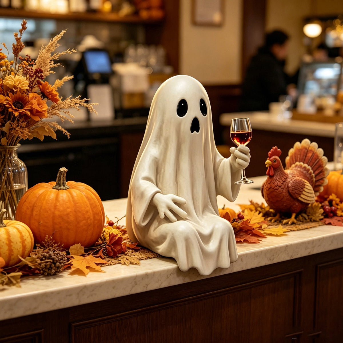 Halloween Ghost Figurine, Ghost Girl with Pink Bow & Hot Drink, Funny Ghost Statue Halloween Decor for Gift, Cute Spooky Tabletop Ornament for Home, Mantle, Desk & Party Decoration