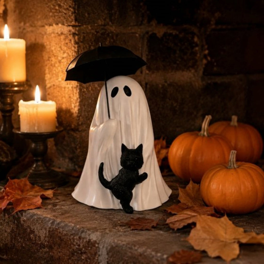 Halloween Ghost Figurine, Ghost Girl with Pink Bow & Hot Drink, Funny Ghost Statue Halloween Decor for Gift, Cute Spooky Tabletop Ornament for Home, Mantle, Desk & Party Decoration