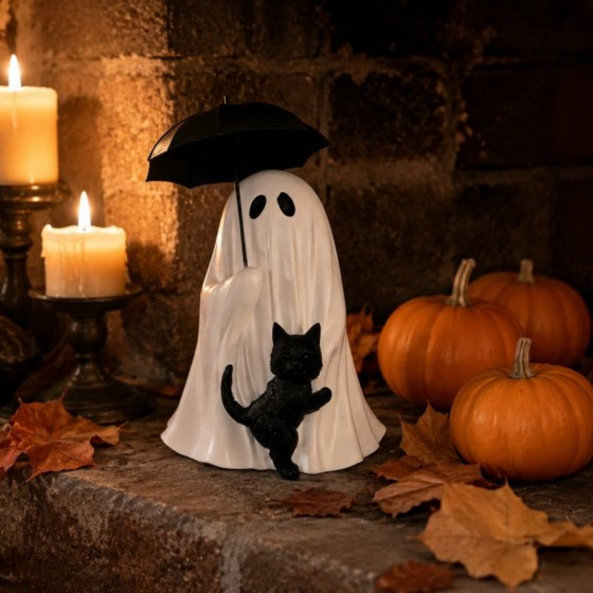 Halloween Ghost Figurine, Ghost Girl with Pink Bow & Hot Drink, Funny Ghost Statue Halloween Decor for Gift, Cute Spooky Tabletop Ornament for Home, Mantle, Desk & Party Decoration