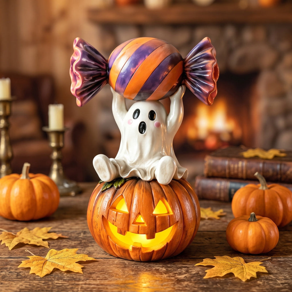 Halloween Ghost Figurine, Ghost Girl with Pink Bow & Hot Drink, Funny Ghost Statue Halloween Decor for Gift, Cute Spooky Tabletop Ornament for Home, Mantle, Desk & Party Decoration