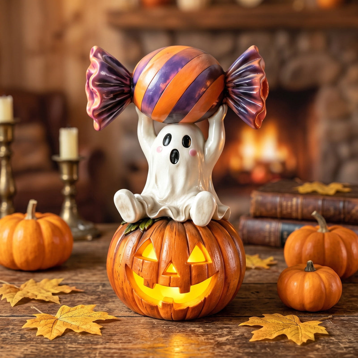 Halloween Ghost Figurine, Ghost Girl with Pink Bow & Hot Drink, Funny Ghost Statue Halloween Decor for Gift, Cute Spooky Tabletop Ornament for Home, Mantle, Desk & Party Decoration