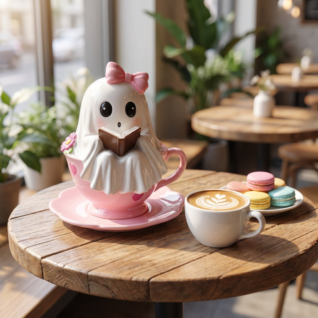 Halloween Ghost Figurine, Ghost Girl with Pink Bow & Hot Drink, Funny Ghost Statue Halloween Decor for Gift, Cute Spooky Tabletop Ornament for Home, Mantle, Desk & Party Decoration