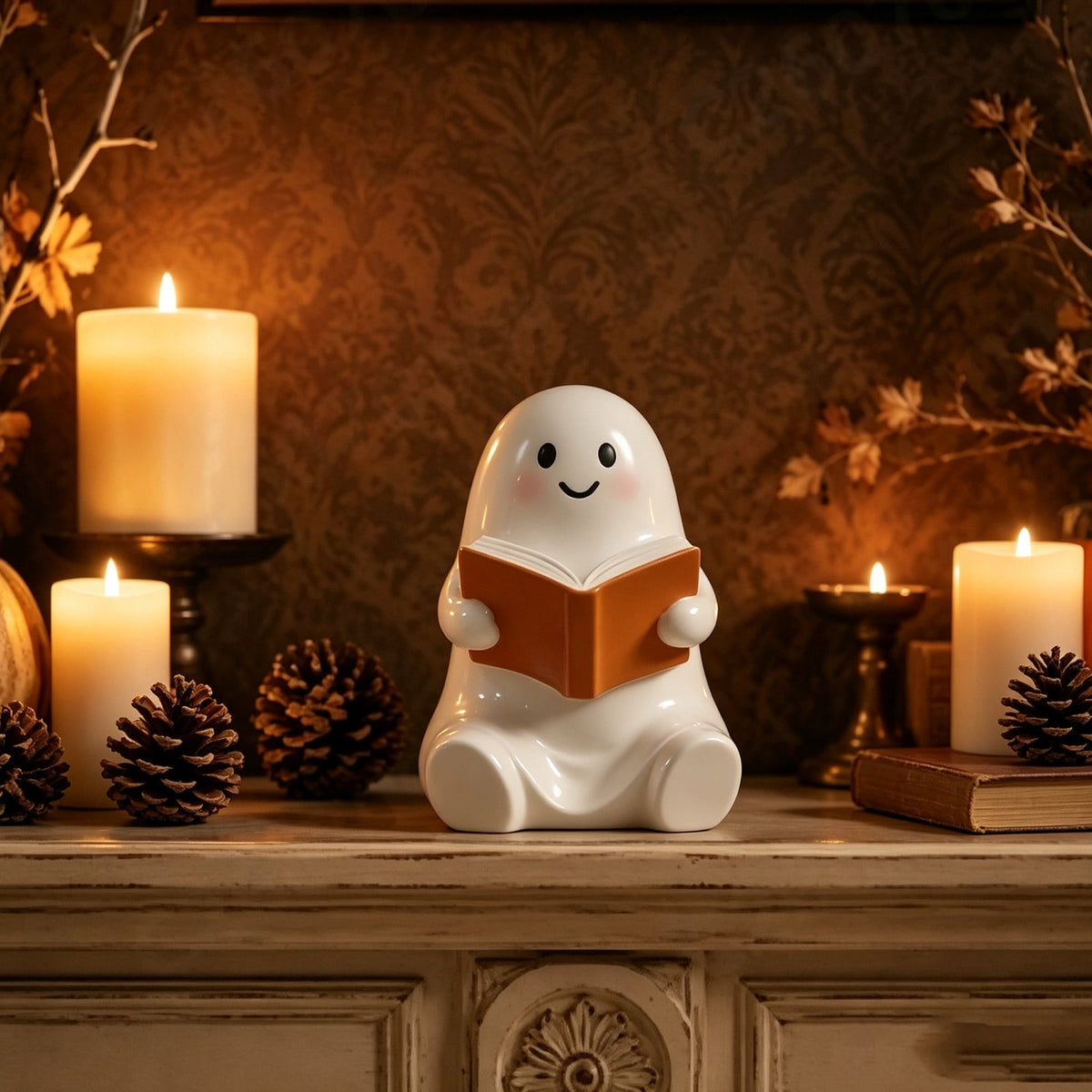 Halloween Ghost Figurine, Ghost Girl with Pink Bow & Hot Drink, Funny Ghost Statue Halloween Decor for Gift, Cute Spooky Tabletop Ornament for Home, Mantle, Desk & Party Decoration