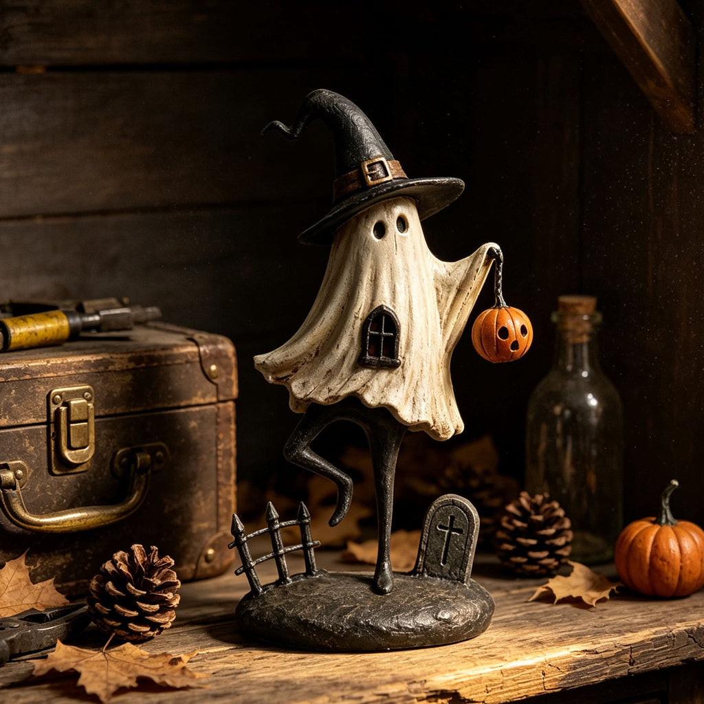 Halloween Ghost Figurine, Ghost Girl with Pink Bow & Hot Drink, Funny Ghost Statue Halloween Decor for Gift, Cute Spooky Tabletop Ornament for Home, Mantle, Desk & Party Decoration