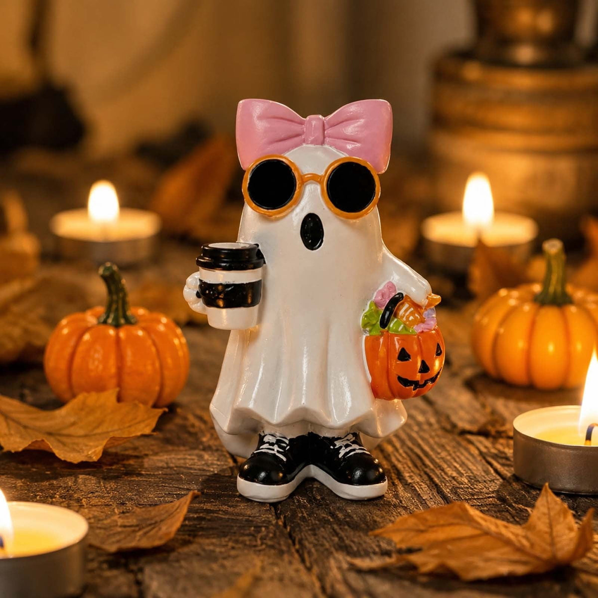 Halloween Ghost Figurine, Ghost Girl with Pink Bow & Hot Drink, Funny Ghost Statue Halloween Decor for Gift, Cute Spooky Tabletop Ornament for Home, Mantle, Desk & Party Decoration