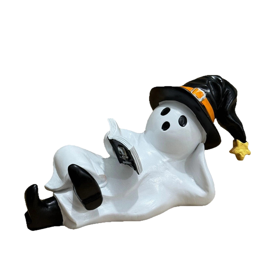 Halloween Ghost Figurine, Ghost Girl with Pink Bow & Hot Drink, Funny Ghost Statue Halloween Decor for Gift, Cute Spooky Tabletop Ornament for Home, Mantle, Desk & Party Decoration
