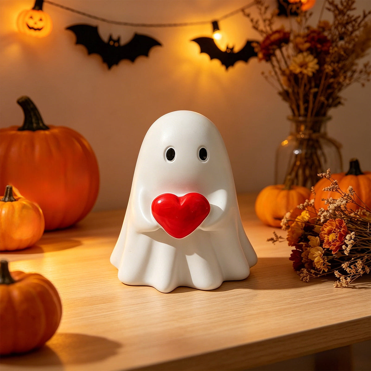 Halloween Ghost Figurine, Ghost Girl with Pink Bow & Hot Drink, Funny Ghost Statue Halloween Decor for Gift, Cute Spooky Tabletop Ornament for Home, Mantle, Desk & Party Decoration
