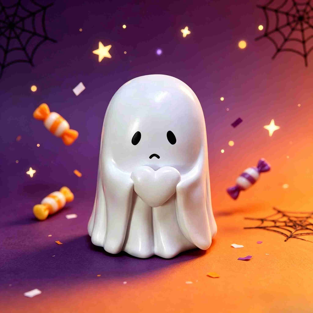 Halloween Ghost Figurine, Ghost Girl with Pink Bow & Hot Drink, Funny Ghost Statue Halloween Decor for Gift, Cute Spooky Tabletop Ornament for Home, Mantle, Desk & Party Decoration