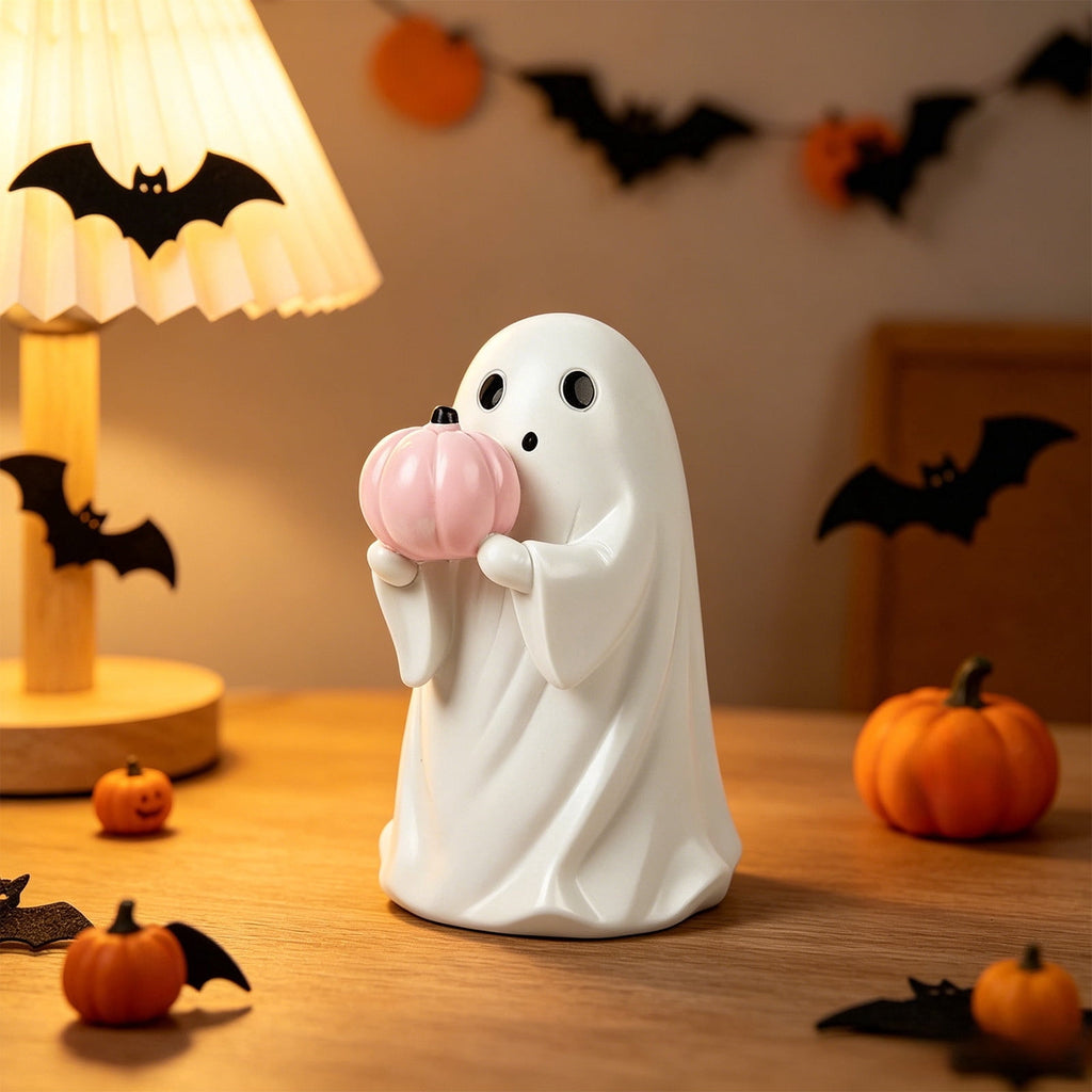 Halloween Ghost Figurine, Ghost Girl with Pink Bow & Hot Drink, Funny Ghost Statue Halloween Decor for Gift, Cute Spooky Tabletop Ornament for Home, Mantle, Desk & Party Decoration