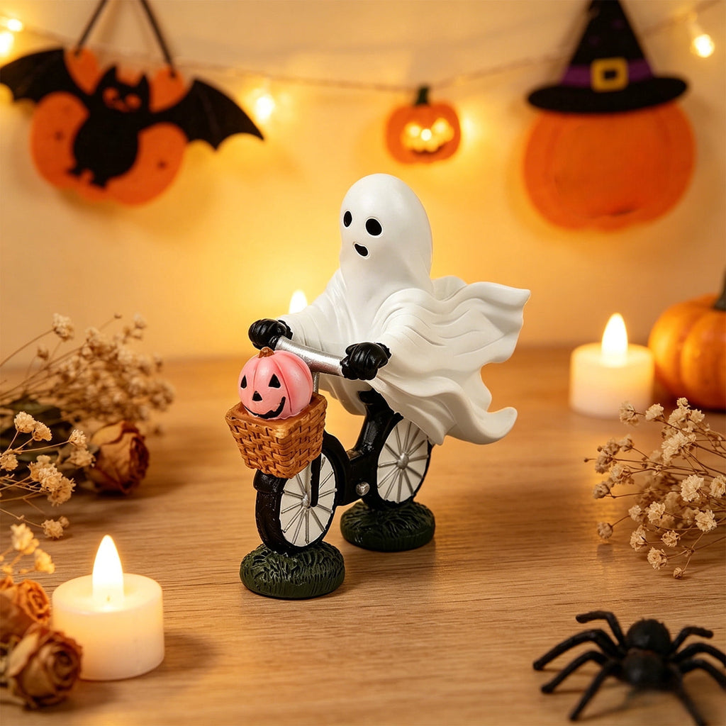 Halloween Ghost Figurine, Ghost Girl with Pink Bow & Hot Drink, Funny Ghost Statue Halloween Decor for Gift, Cute Spooky Tabletop Ornament for Home, Mantle, Desk & Party Decoration