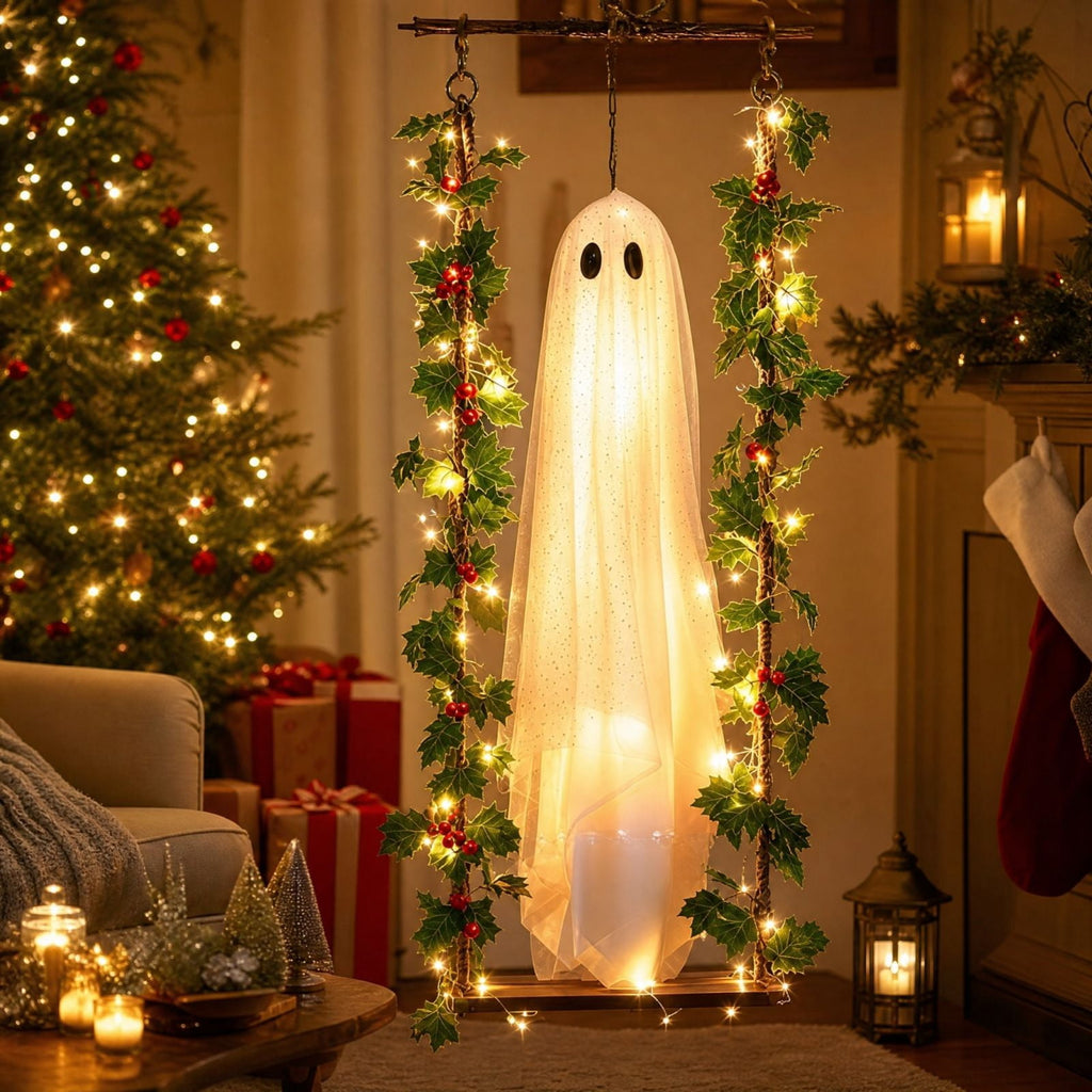 Clearance! Lighted Swing Ghost with Wooden Board, 45" Halloween Decorations Outdoor, Spooky Cute Ghosts Decorations for Front Porch Yard Tree