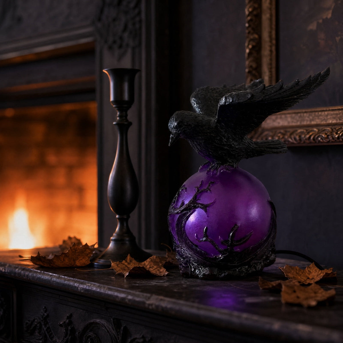 Gothic Mysterious Raven Lamp Light Sculpture, Resin Halloween Moonlight Luminous Crow Bird Led for Home Decor Gift, Bedroom Bedside, Living Room