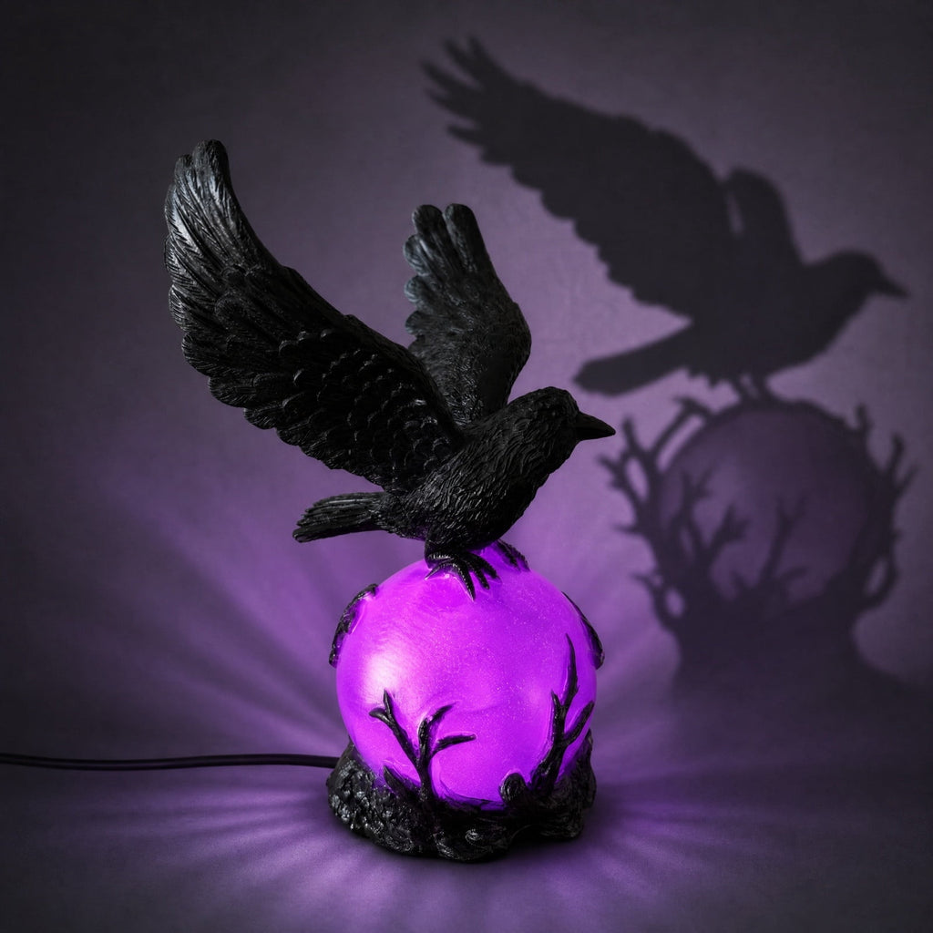 Gothic Mysterious Raven Lamp Light Sculpture, Resin Halloween Moonlight Luminous Crow Bird Led for Home Decor Gift, Bedroom Bedside, Living Room
