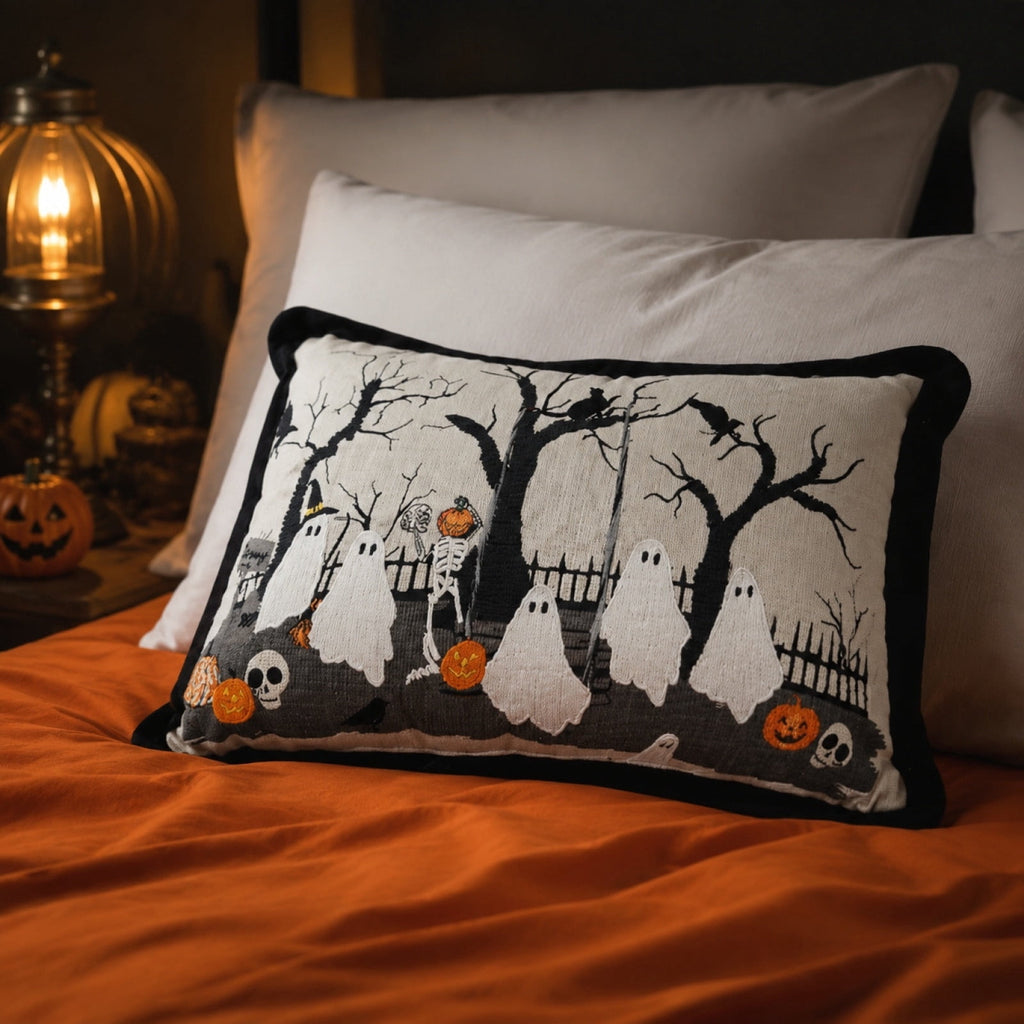 Cute Reading Ghost Plush Throw Pillow, Halloween Book & Pumpkin Bucket Ghost Stuffed Cushion, Spooky Season Decorative Pillow, for Sofa, Bedroom, Party Decor
