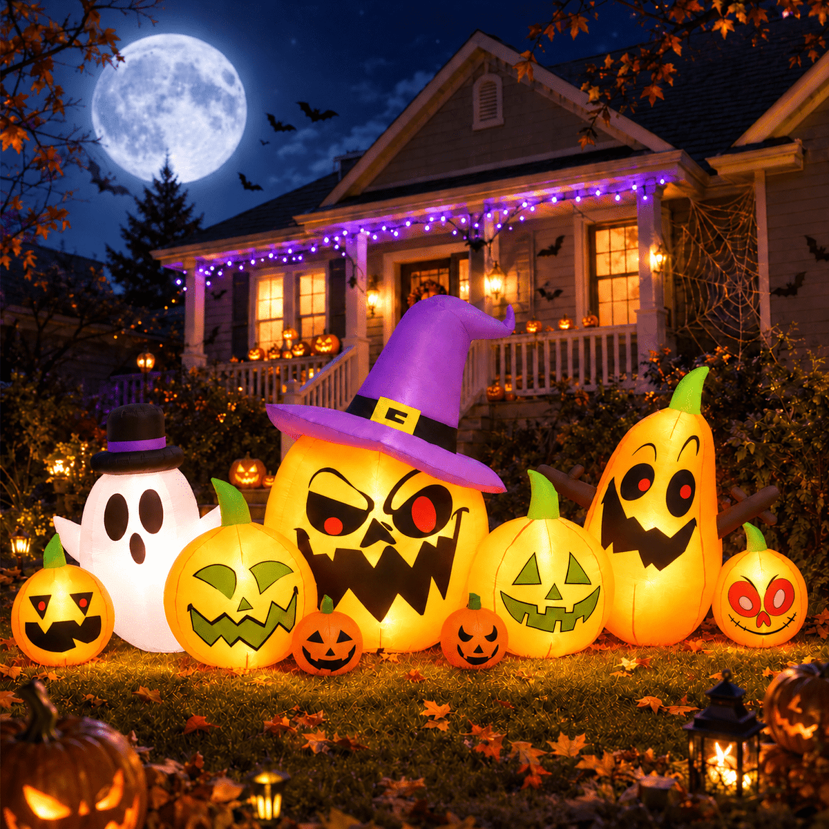 7.9 FT Halloween Inflatable Pumpkin & Ghost Yard Decoration, Pumpkins with Witch Hat, 7 LED Lights, Outdoor Blow Up Decor