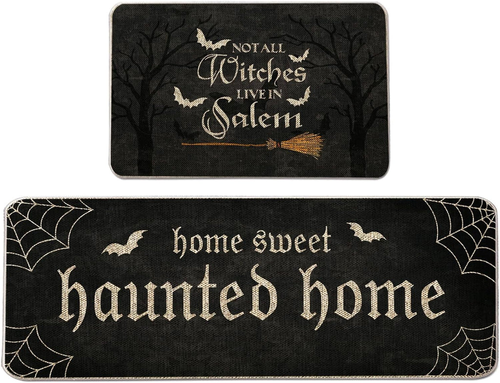 Halloween Kitchen Mat Set of 2, No All Witch Live in Salem Kitchen Rug, Bat Broom Halloween Farmhouse Party Floor Mat for Home Kitchen Decorations - 17x27 and 17x47 Inch