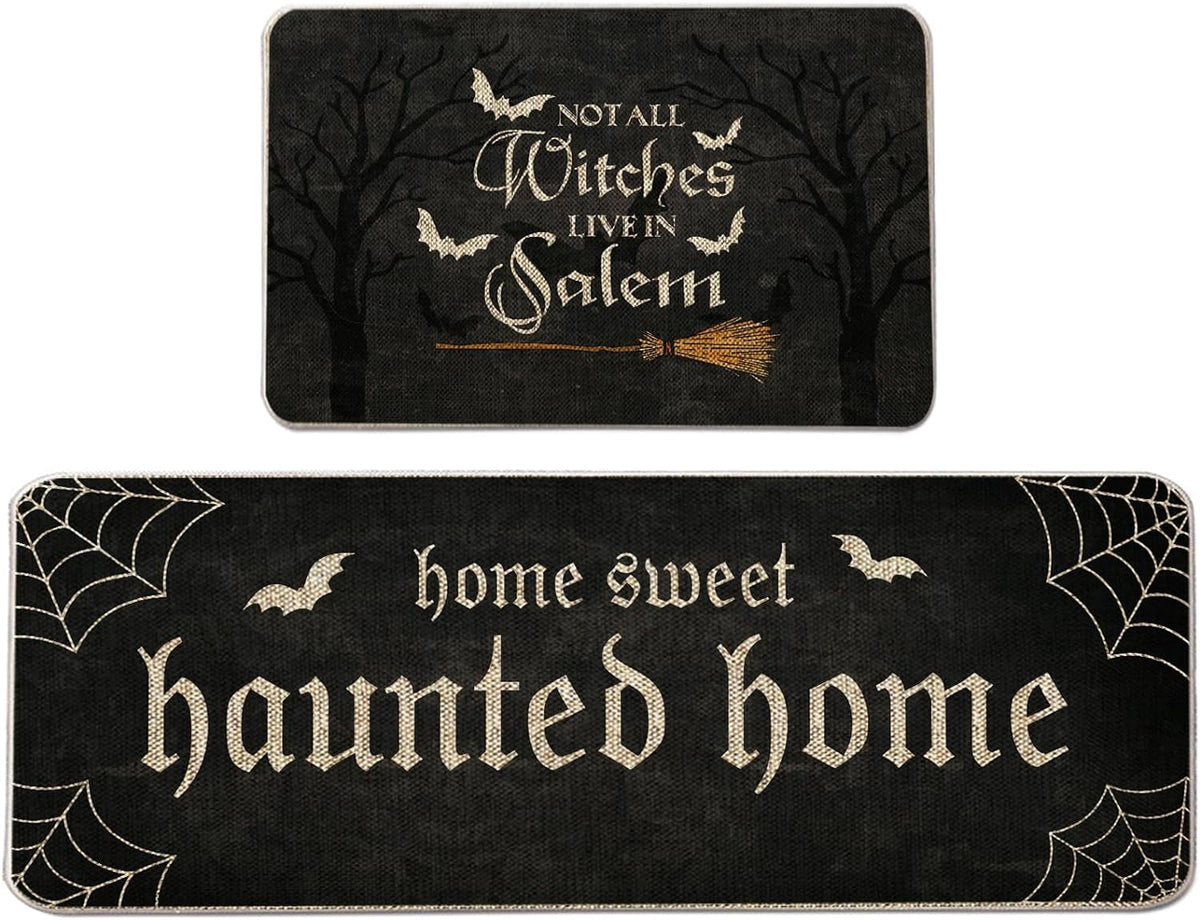 Halloween Kitchen Mat Set of 2, No All Witch Live in Salem Kitchen Rug, Bat Broom Halloween Farmhouse Party Floor Mat for Home Kitchen Decorations - 17x27 and 17x47 Inch