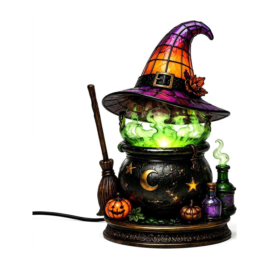 Halloween Lighted Witch Cauldron Decor Lamp, Stained Glass Witch Hat Magic Pot Night Light with Pumpkin & Potion Bottle Details, Spooky Vintage Tabletop Ornament for Mantel Living Room Party