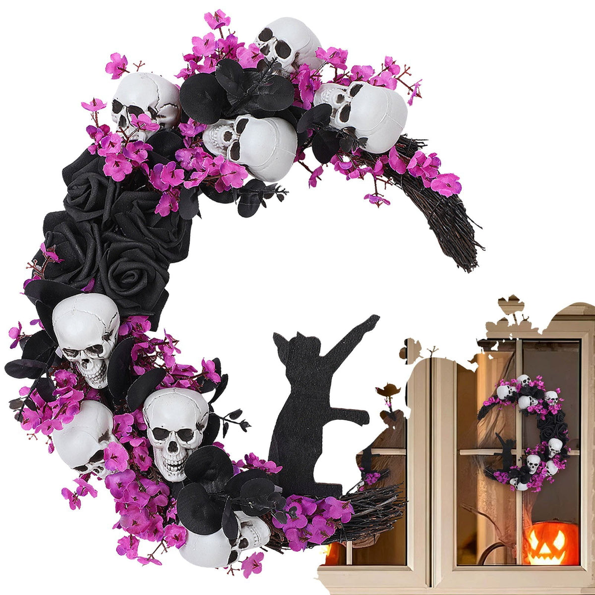 Halloween Moon Wreath with Skull & Mini Black Cat, Grapevine Wreath forFront Door, Halloween Door Wreath Decor forHome Party indoor Outdoor